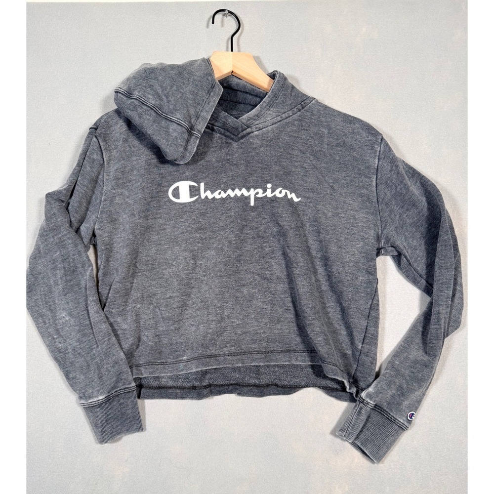 Champion Womens‎ Cropped Hoodie Small Charcoal Grey Acid Wash Script Sweatshirt